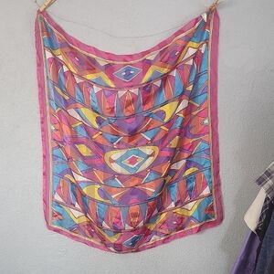 Berkshire Bright Geometric Silk-Feel Scarf with Pink Edge